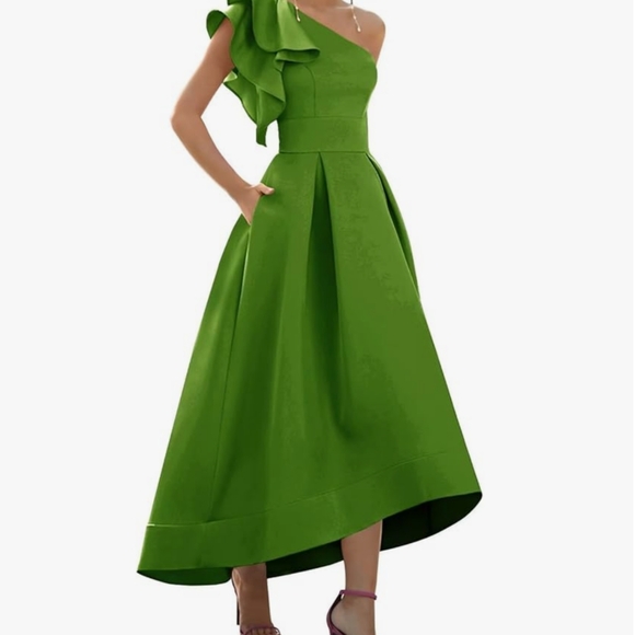 Dresses & Skirts - Elegant Olive Green One-Shoulder Satin Dress